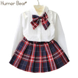 Humor Bear Autumn Kids Baby Girl Clothes Long Sleeve T-shirt+Grid Skirt +bowknot Casual 3PCS suits Student Girls' Clothing Sets