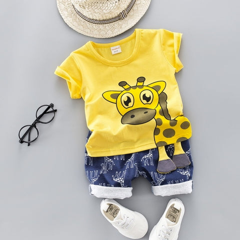 Baby Clothing Set for Boys Girls Cute Summer Casual Clothes Set Giraffe Top Blue Shorts Suits Kids Clothes 1-4 Years