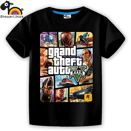 showerlikids quality cotton short sleeve T-shirt boy girl children kid clothing colorful street hot fight GTA 5 sPrice Scolor001