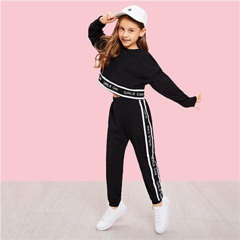 SHEIN Girls Lettering Trim Casual Pullover And Pants Set Kids Clothing 2019 Spring Active Wear Long Sleeve Girls Clothes
