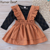 Humor Bear Autumn Kids Baby Girl Clothes Long Sleeve T-shirt+Grid Skirt +bowknot Casual 3PCS suits Student Girls' Clothing Sets