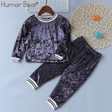 Humor Bear Autumn Kids Baby Girl Clothes Long Sleeve T-shirt+Grid Skirt +bowknot Casual 3PCS suits Student Girls' Clothing Sets