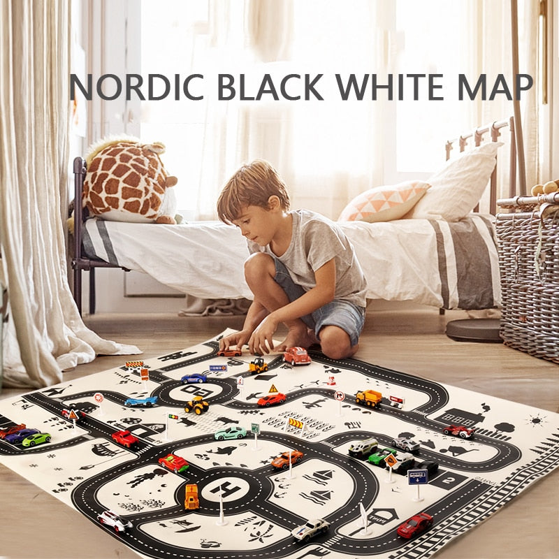 100X130CM Toy Car Mat Map Kids Play Area Rug Mat City Road Buildings Parking Map Game Scene Map Collapsible for kits toys gift